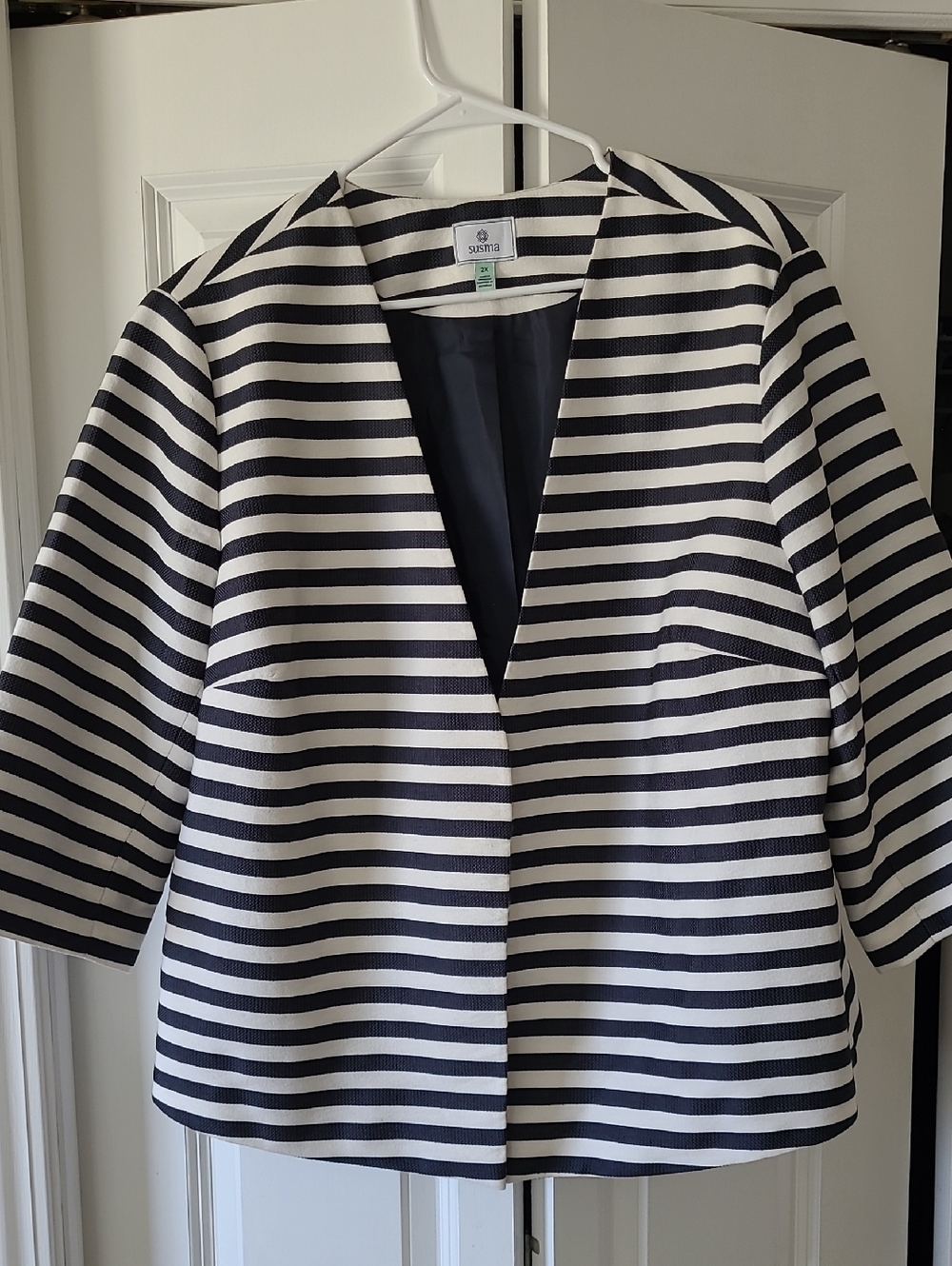 Susina Navy and White Striped Open-Front Blazer 2X